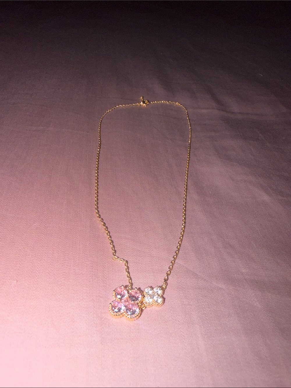 Gold Necklace with Pink and Clear Flower Pendant - Women Jewelry